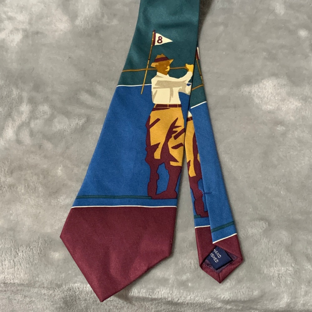 Nautica Mens Silk Tie Vintage Golf Golfer Motif Teal Blue Burgundy Hand Printed